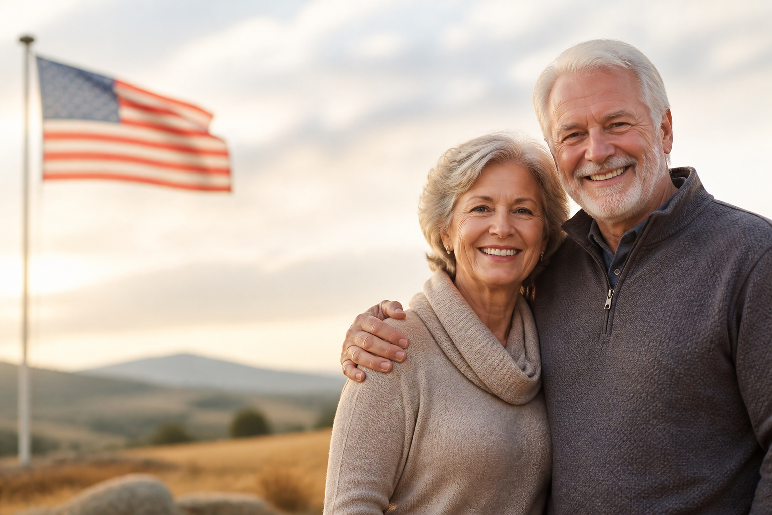 Happy older couple with American flag